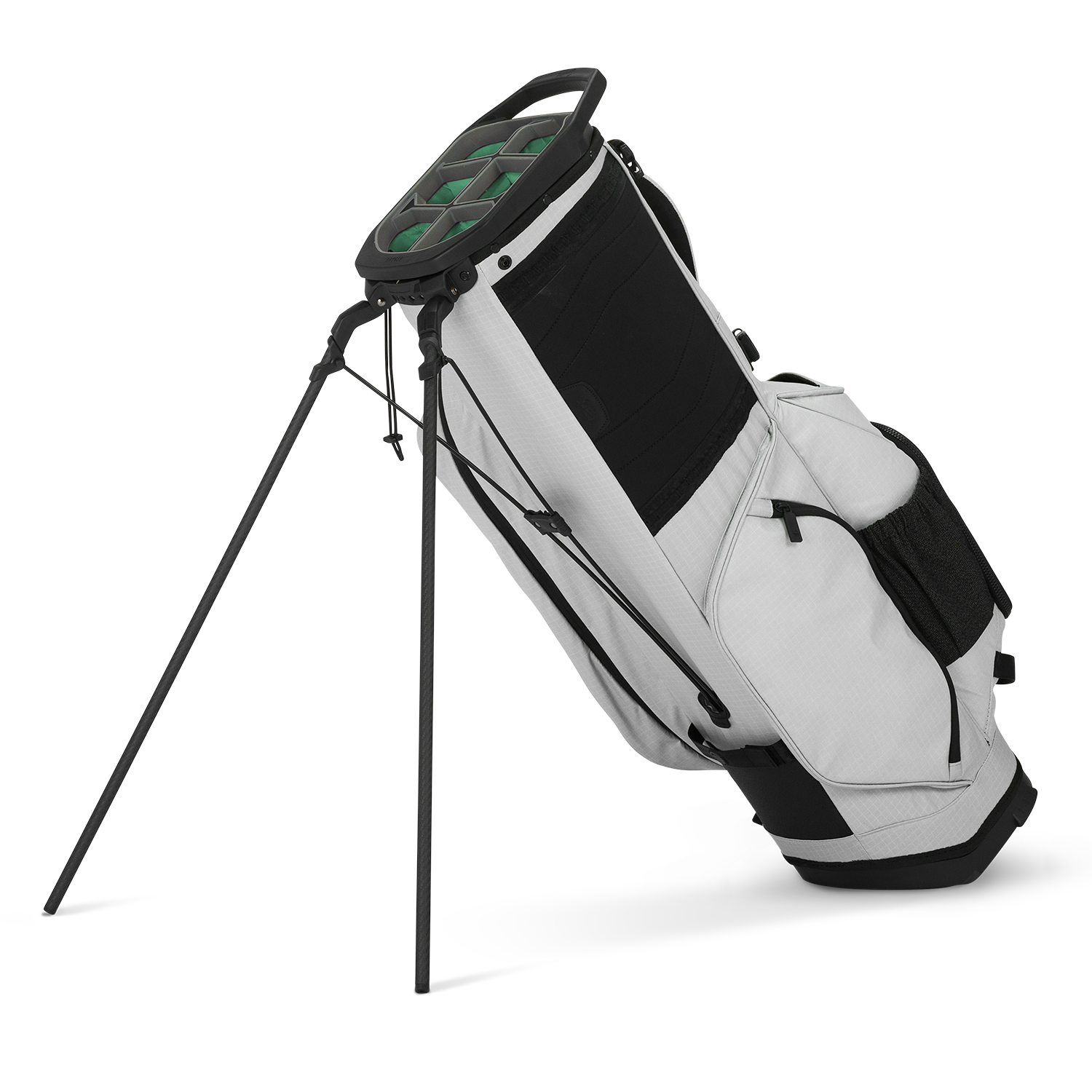 A full shot of standing Ranger golf bag in Off Gray facing backward
