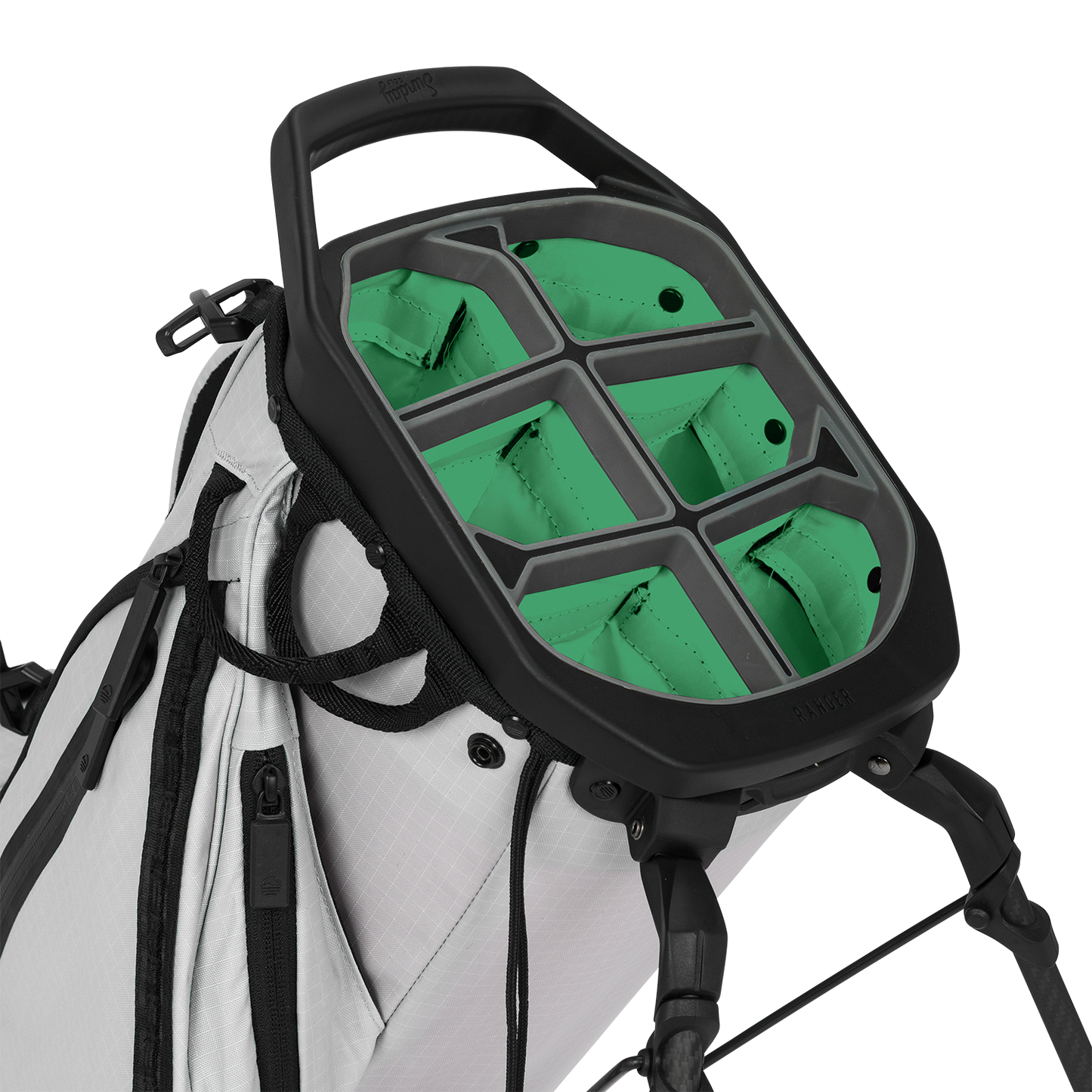 A close up top view of a Off Gray Ranger golf bag's 6 way divider  