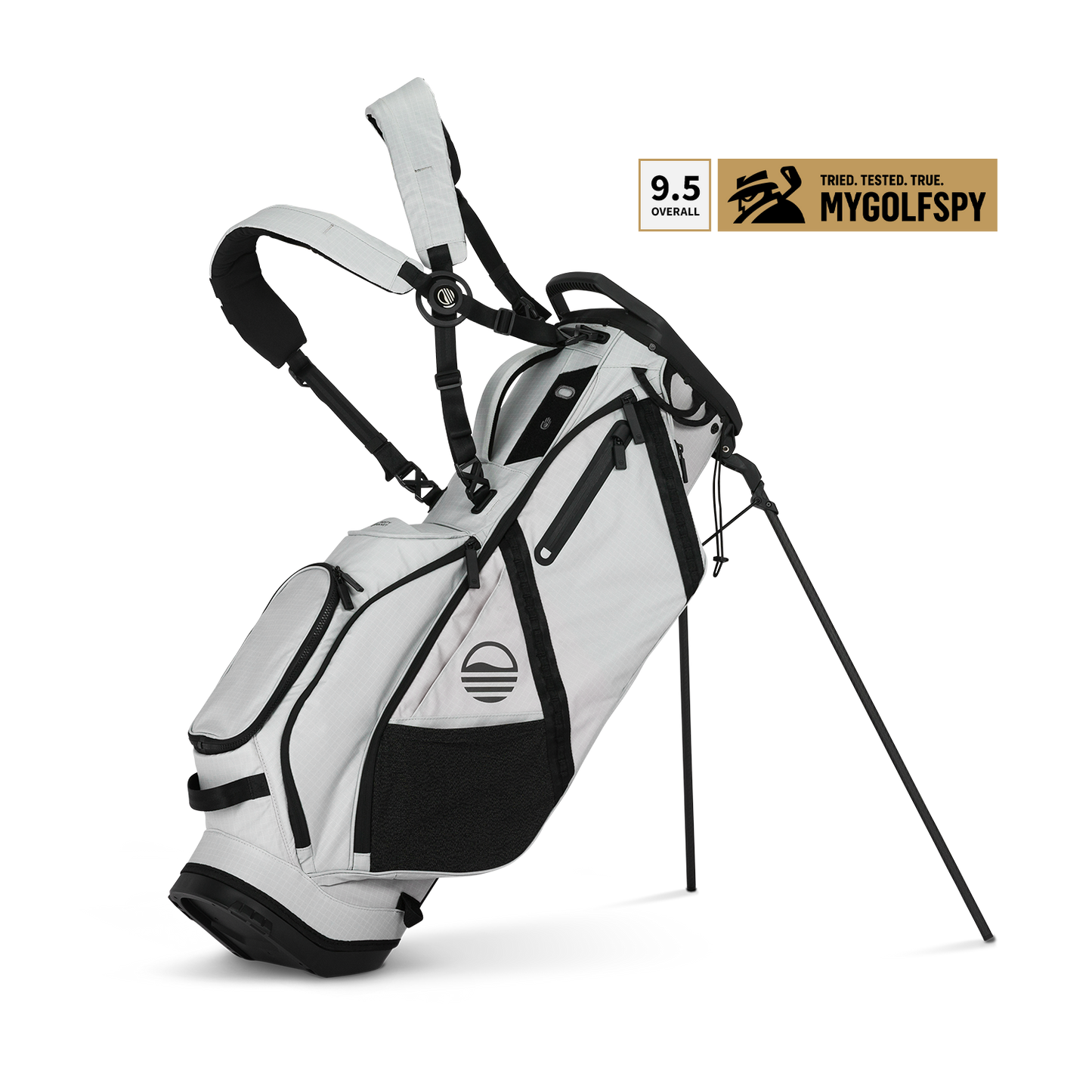 A full front shot of standing Ranger golf bag in Off Gray with double strap
