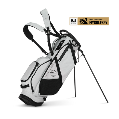 A full front shot of standing Ranger golf bag in Off Gray with double strap
