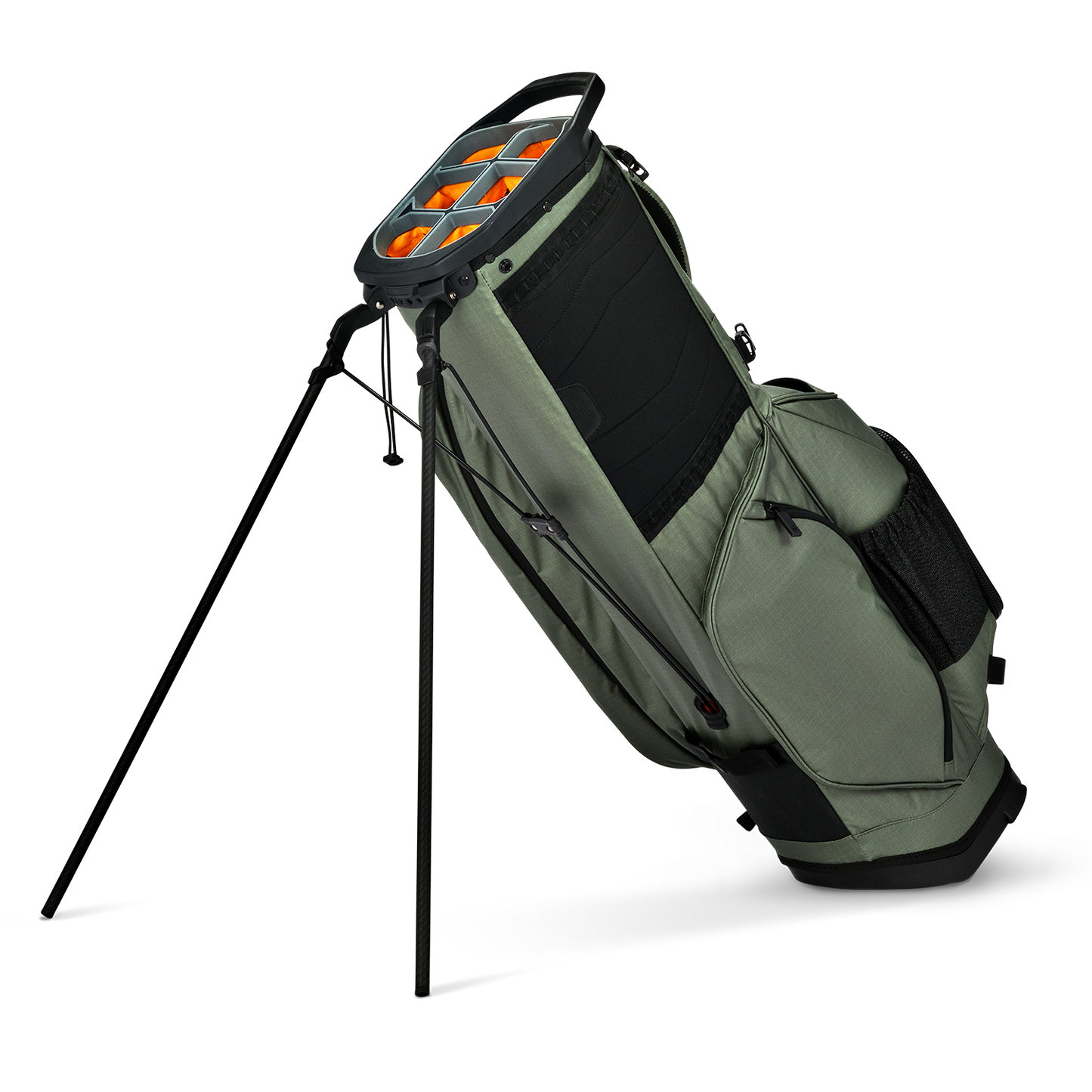 A full shot of standing Ranger golf bag in Sage facing backward
