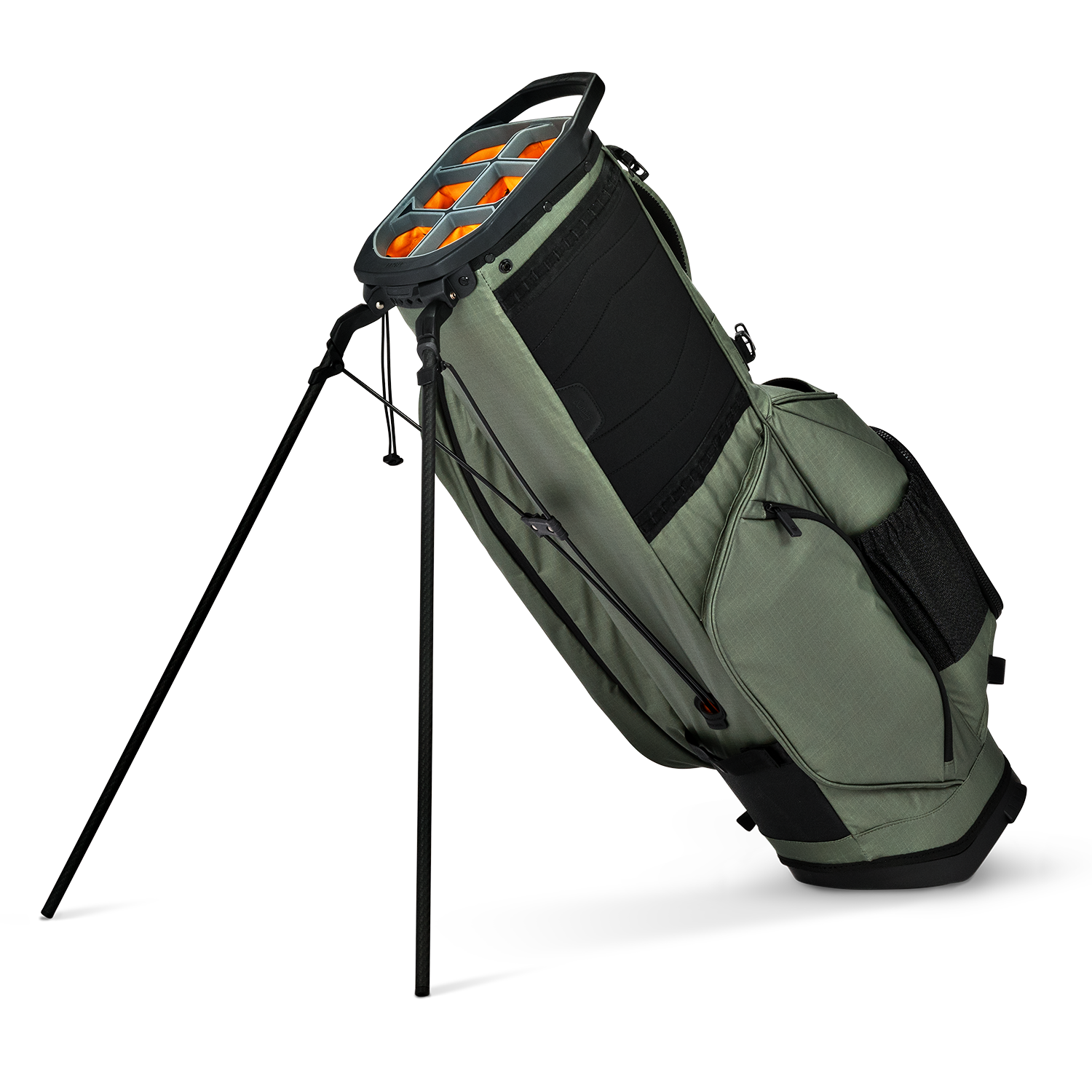 A full shot of standing Ranger golf bag in Sage facing backward
