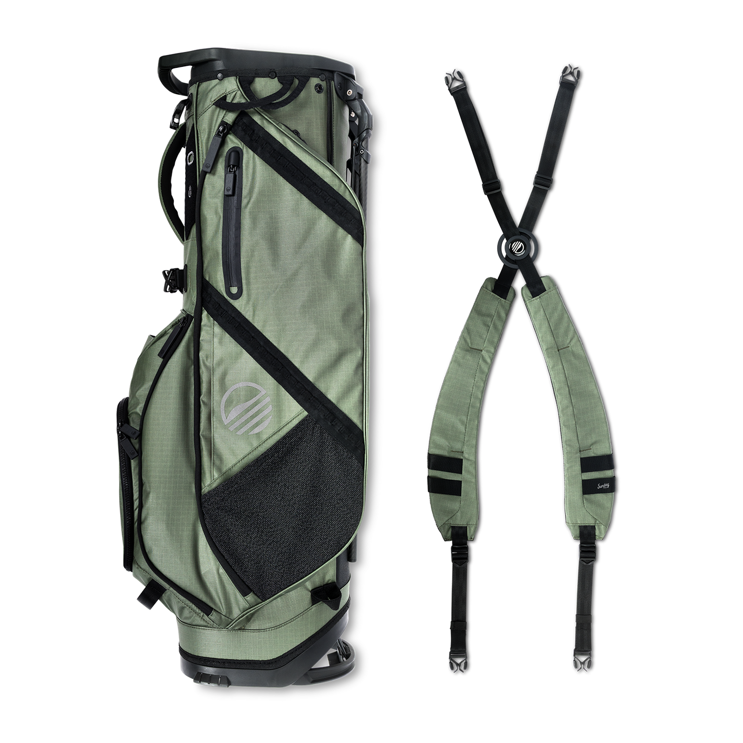 A full shot of Ranger golf bag in Sage laying flat sideways beside its double strap
