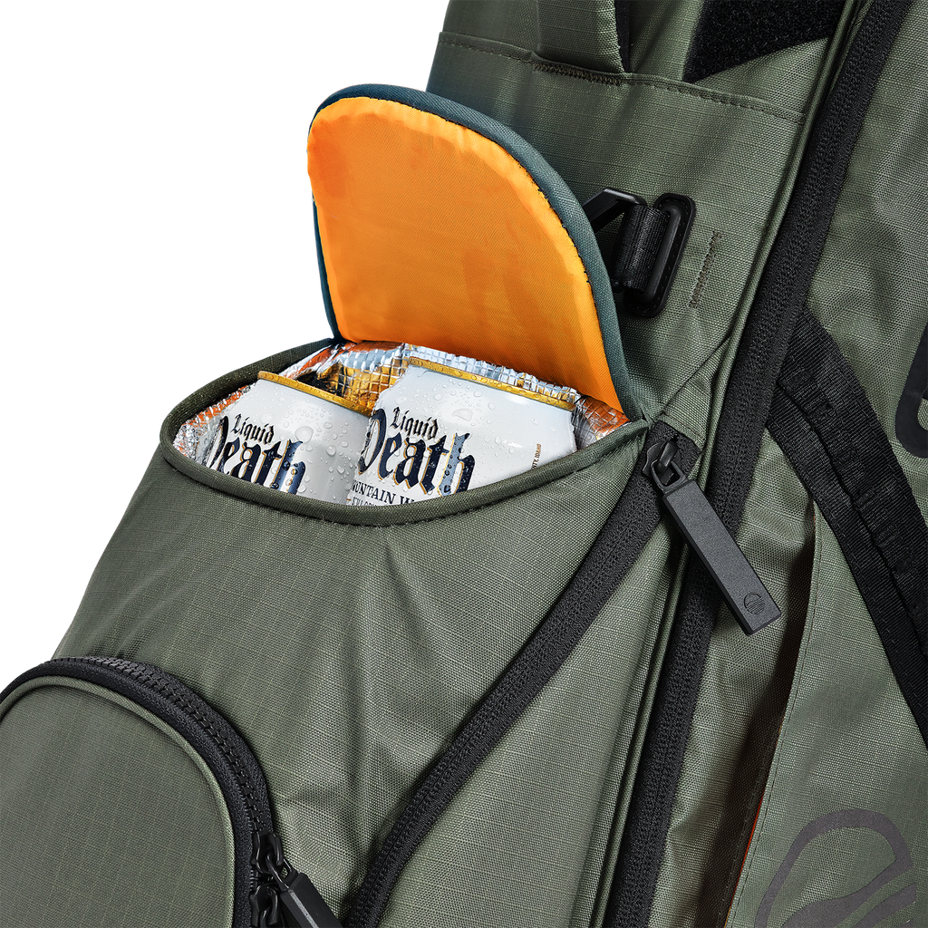 A close up shot of Sage Ranger golf bag's frosty pocket with canned drinks inside
