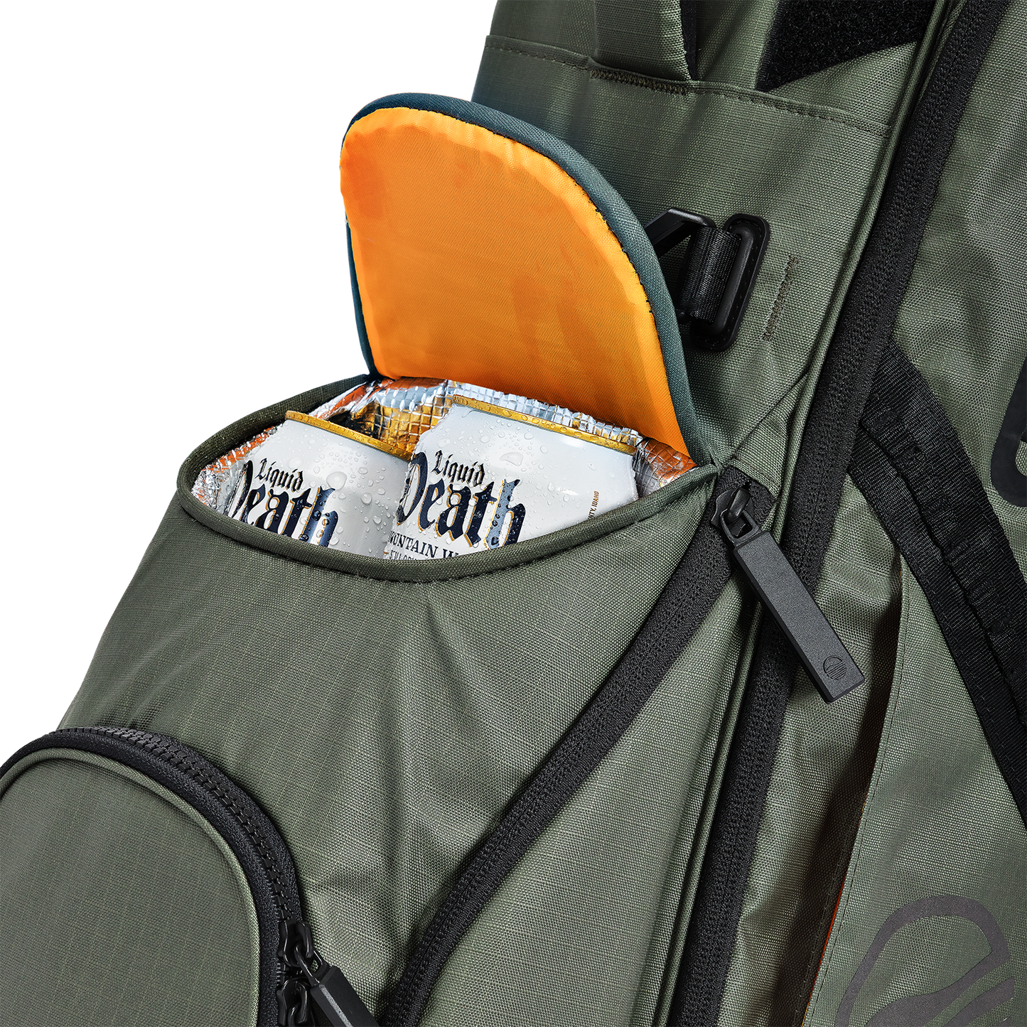 A close up shot of Sage Ranger golf bag's frosty pocket with canned drinks inside
