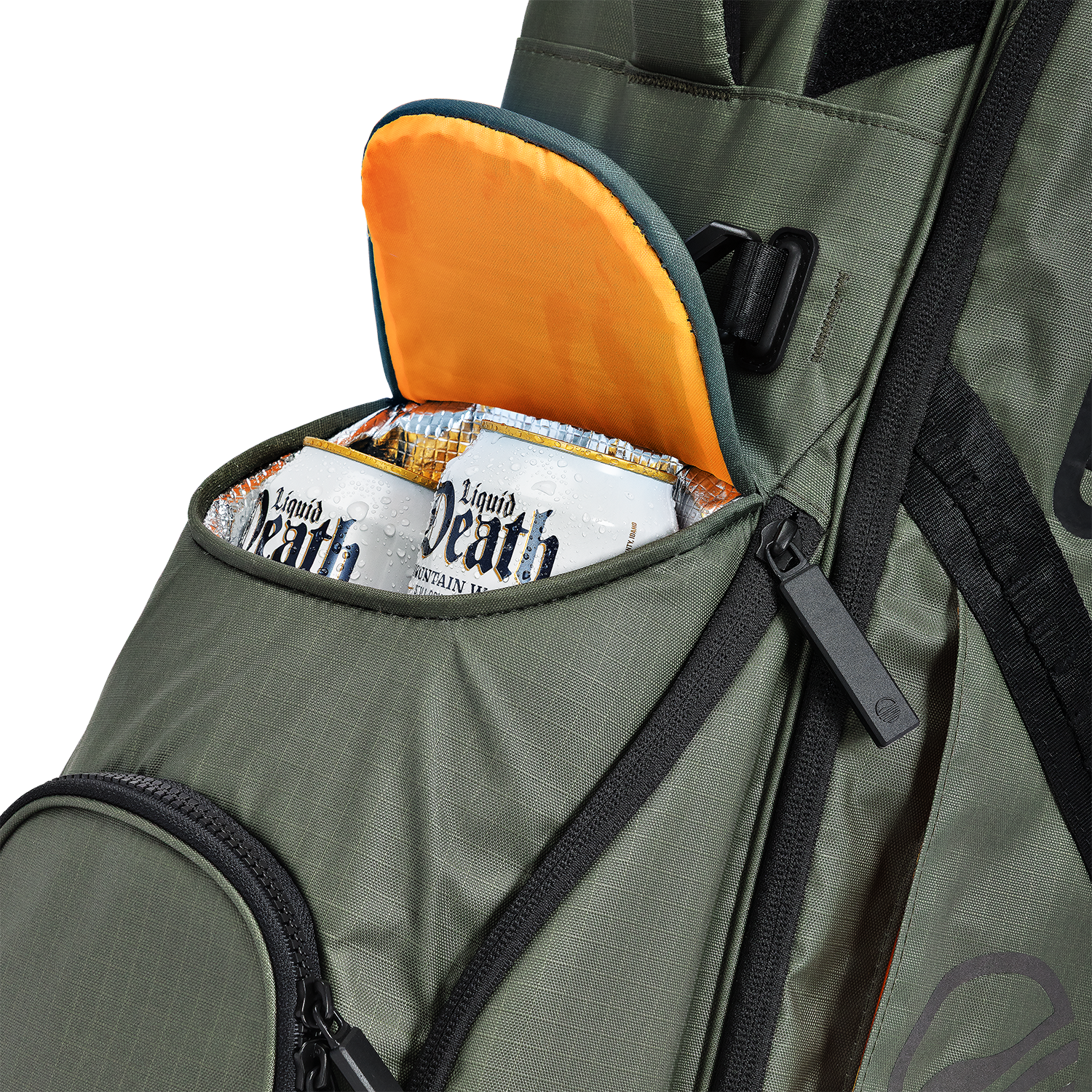 A close up shot of Sage Ranger golf bag's frosty pocket with canned drinks inside
