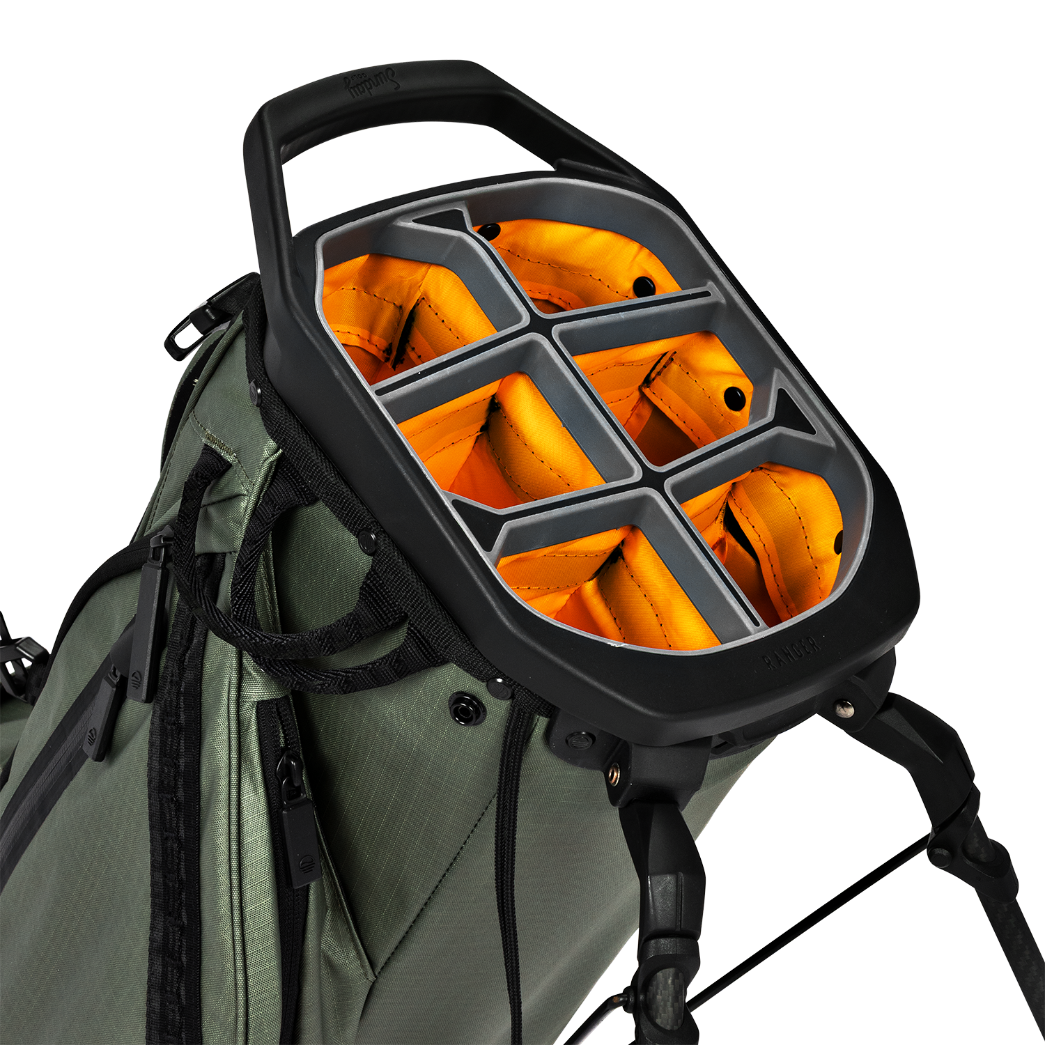 A close up top view of a Sage Ranger golf bag's 6 way divider  
