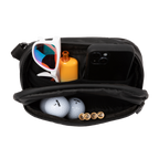 Top view of black sling bag that can be partnered with Ranger golf bag holding different items inside