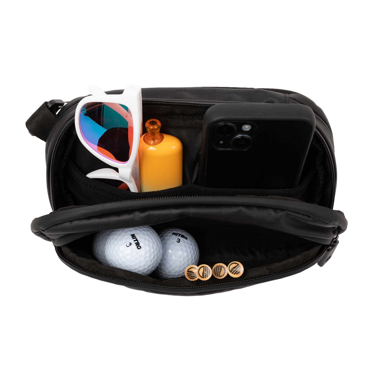 Top view of black sling bag that can be partnered with Ranger golf bag holding different items inside