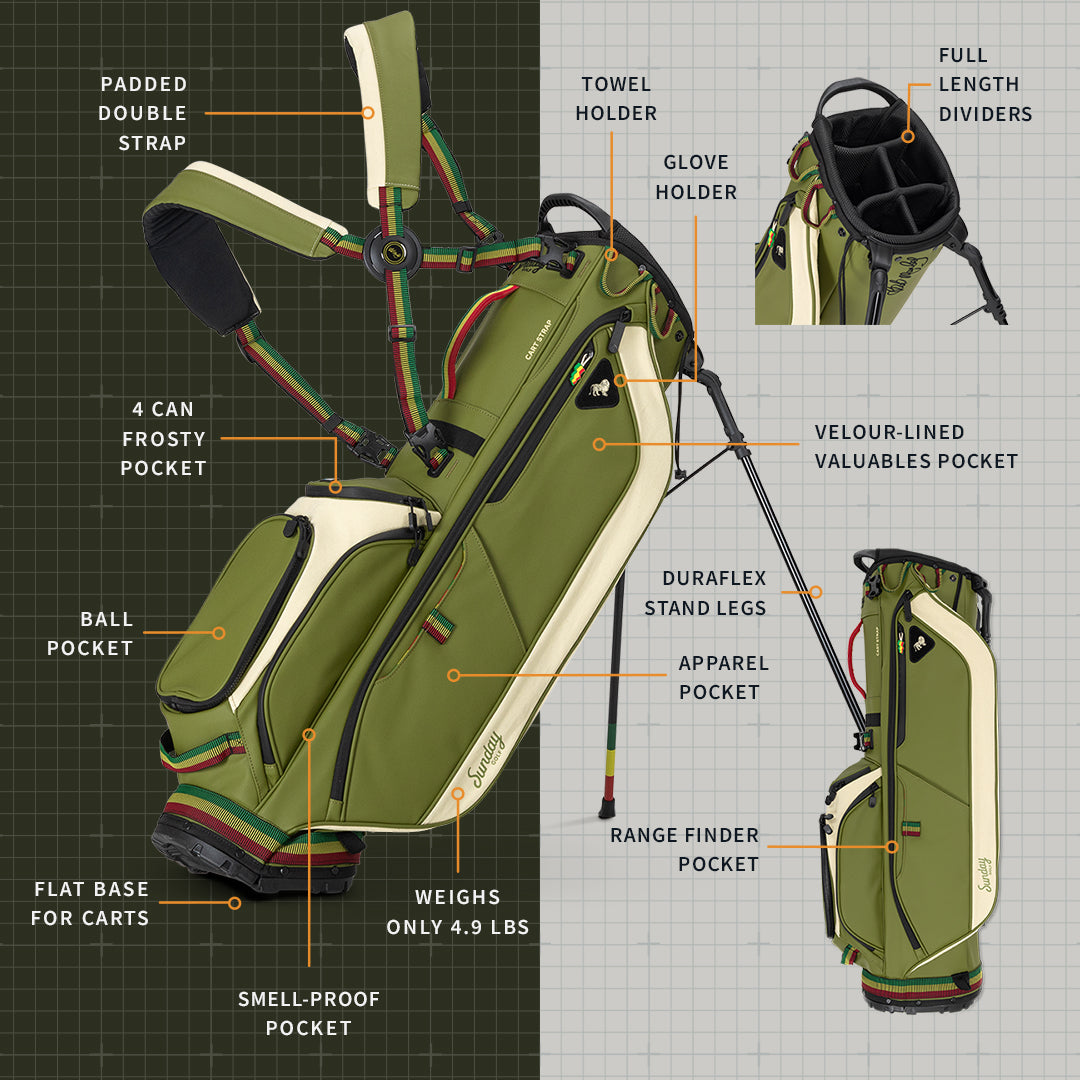 Ryder | Full Size Stand Bag - Bob Marley Olive/Hemp – Sunday Golf