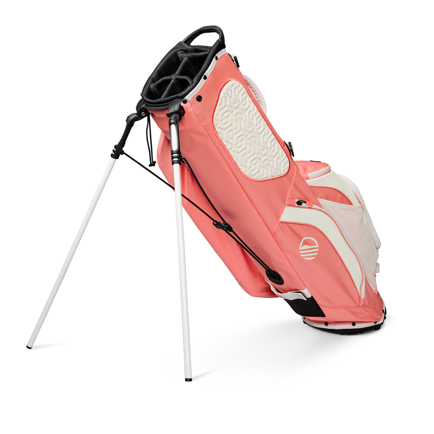 A full shot of standing Ryder golf bag in coral facing backward