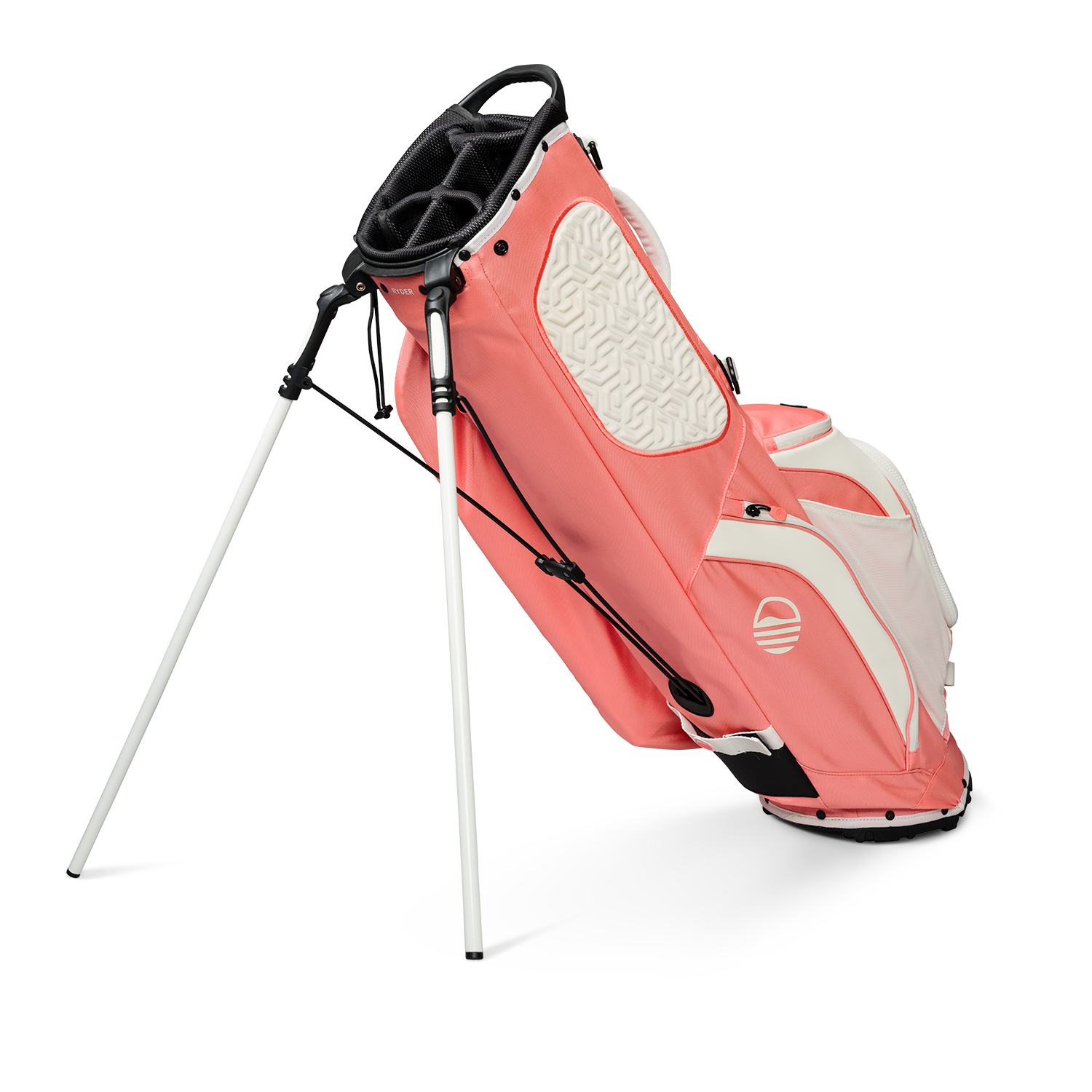 A full shot of standing Ryder golf bag in coral facing backward