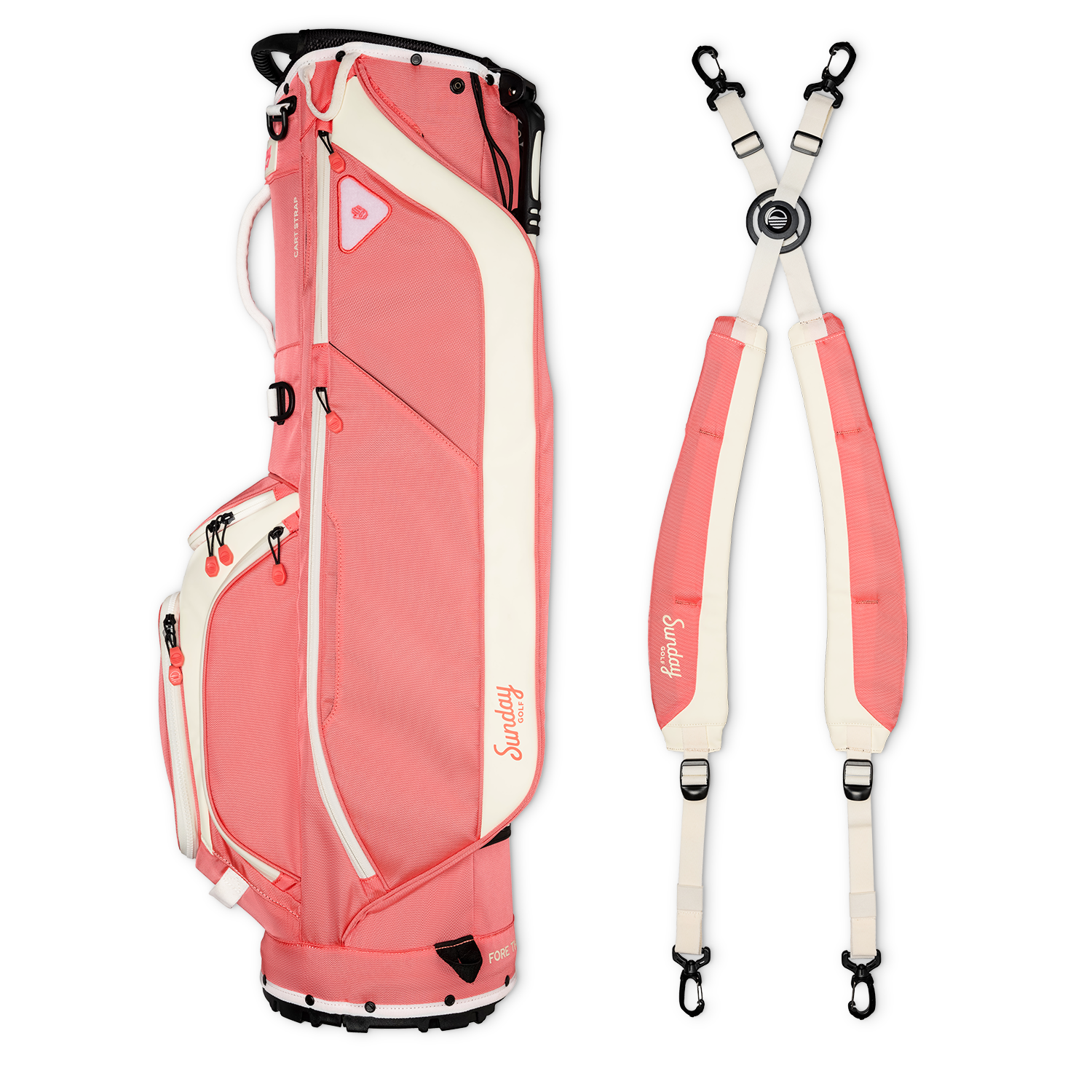 A full shot of Ryder golf bag in coral laying flat sideways beside its double strap