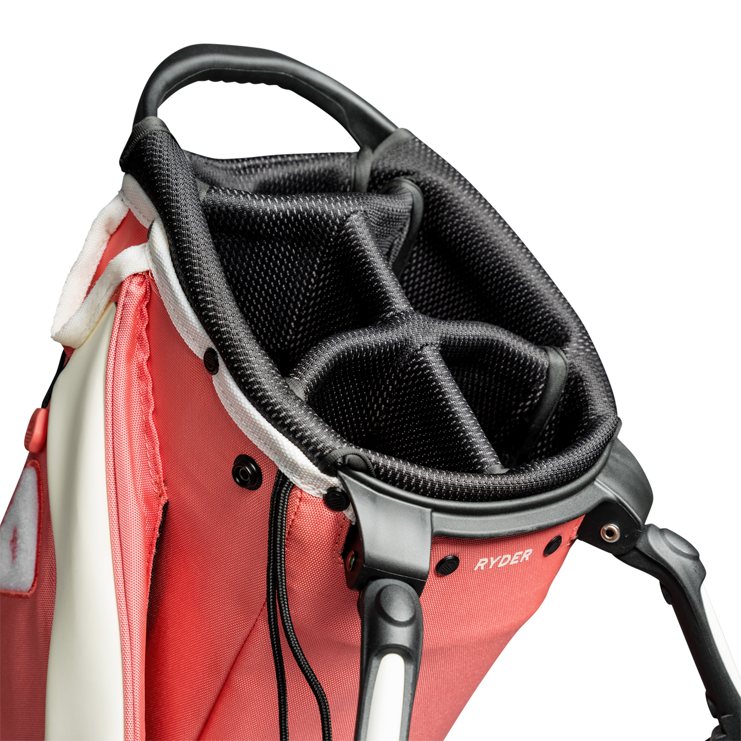 A close up top view of a coral Ryder golf bag’s 5-way divider