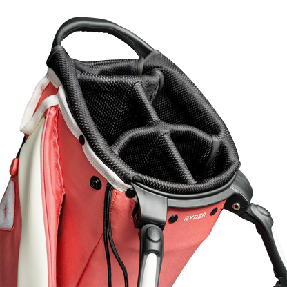 A close up top view of a coral Ryder golf bag’s 5-way divider