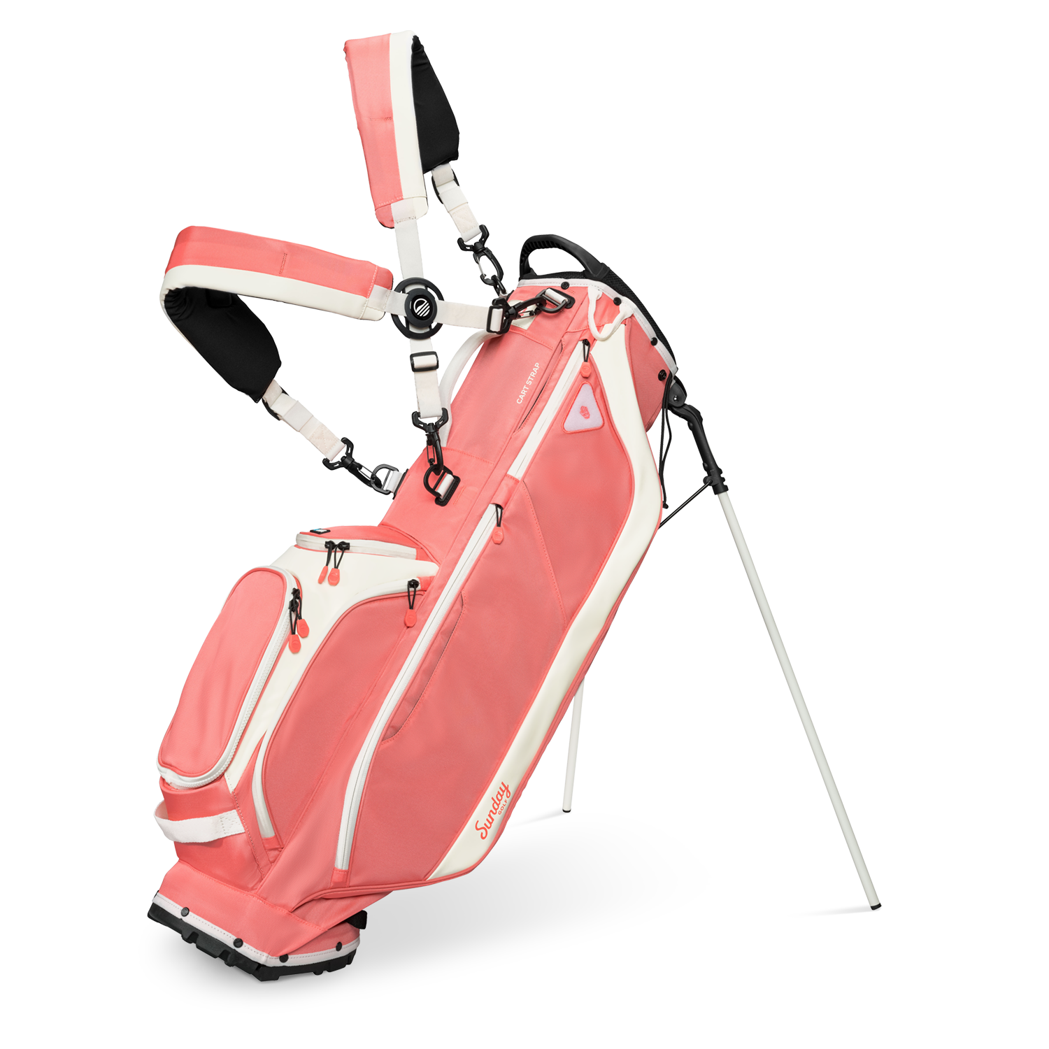 A full front shot of standing Ryder golf bag in coral with double strap