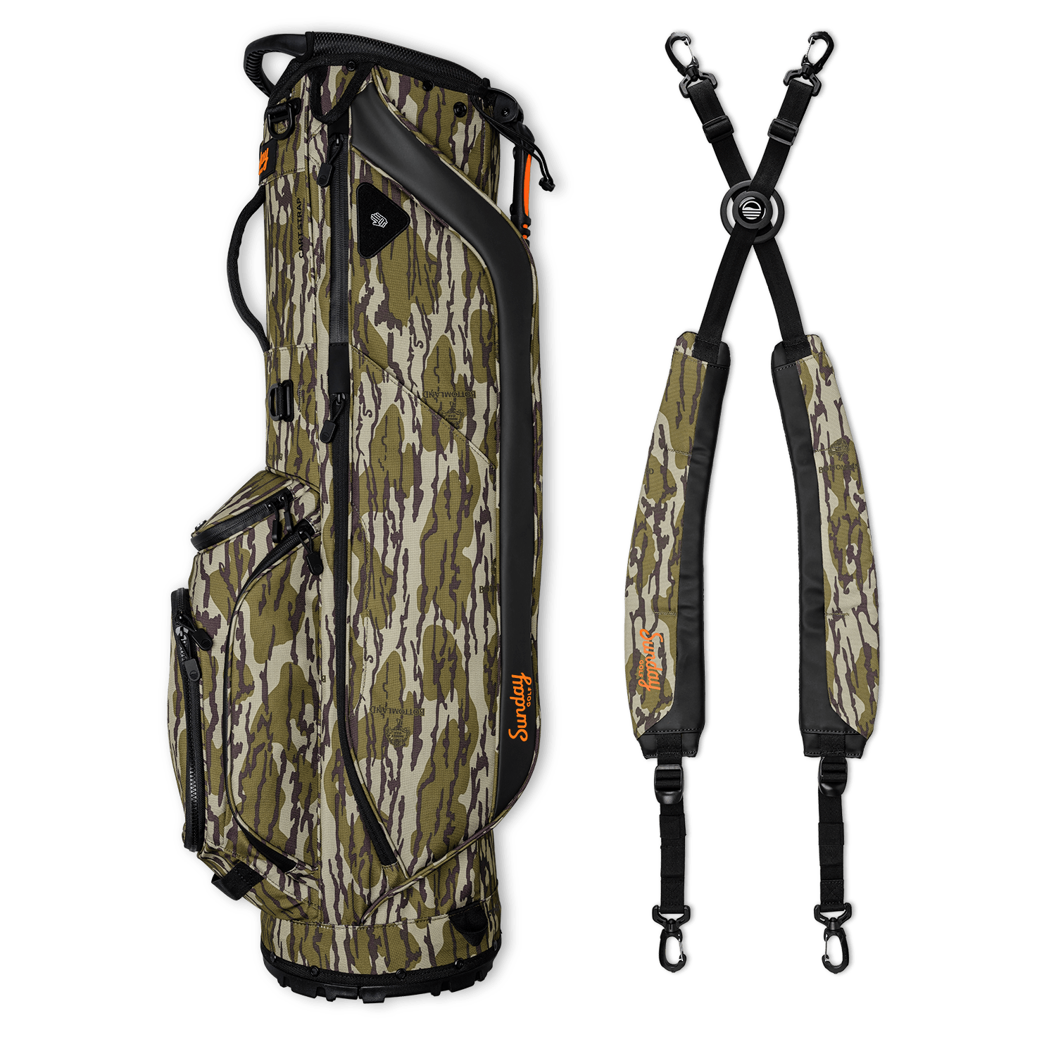 A full shot of Ryder golf bag in mossy oak bottomland laying flat sideways beside its double strap