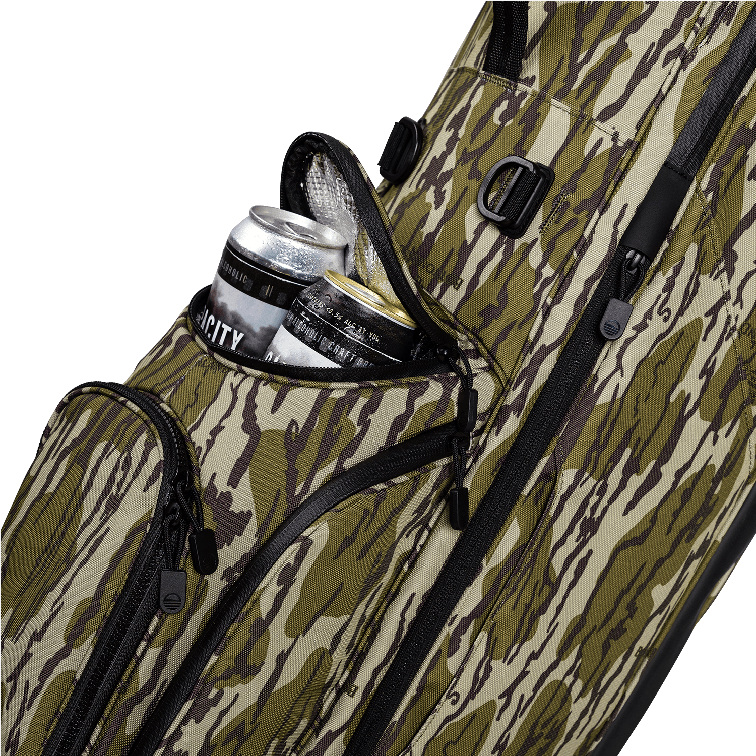 A close up shot of mossy oak bottomland Ryder golf bag's frosty pocket with canned drinks inside