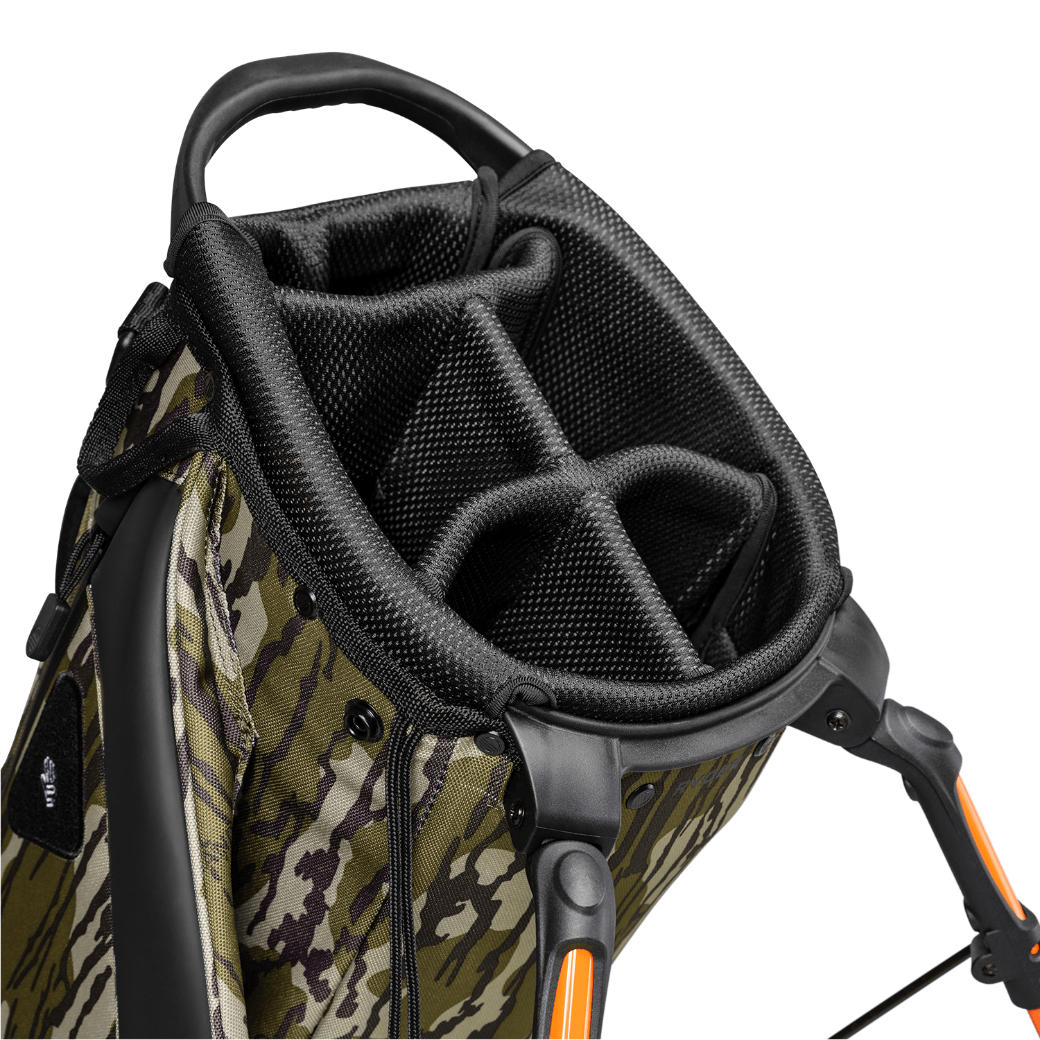 A close up top view of a mossy oak bottomland Ryder golf bag’s 5-way divider