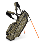 A full front shot of standing Ryder golf bag in mossy oak bottomland with double strap