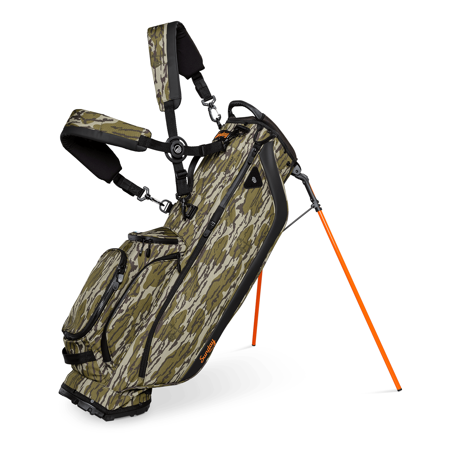 A full front shot of standing Ryder golf bag in mossy oak bottomland with double strap