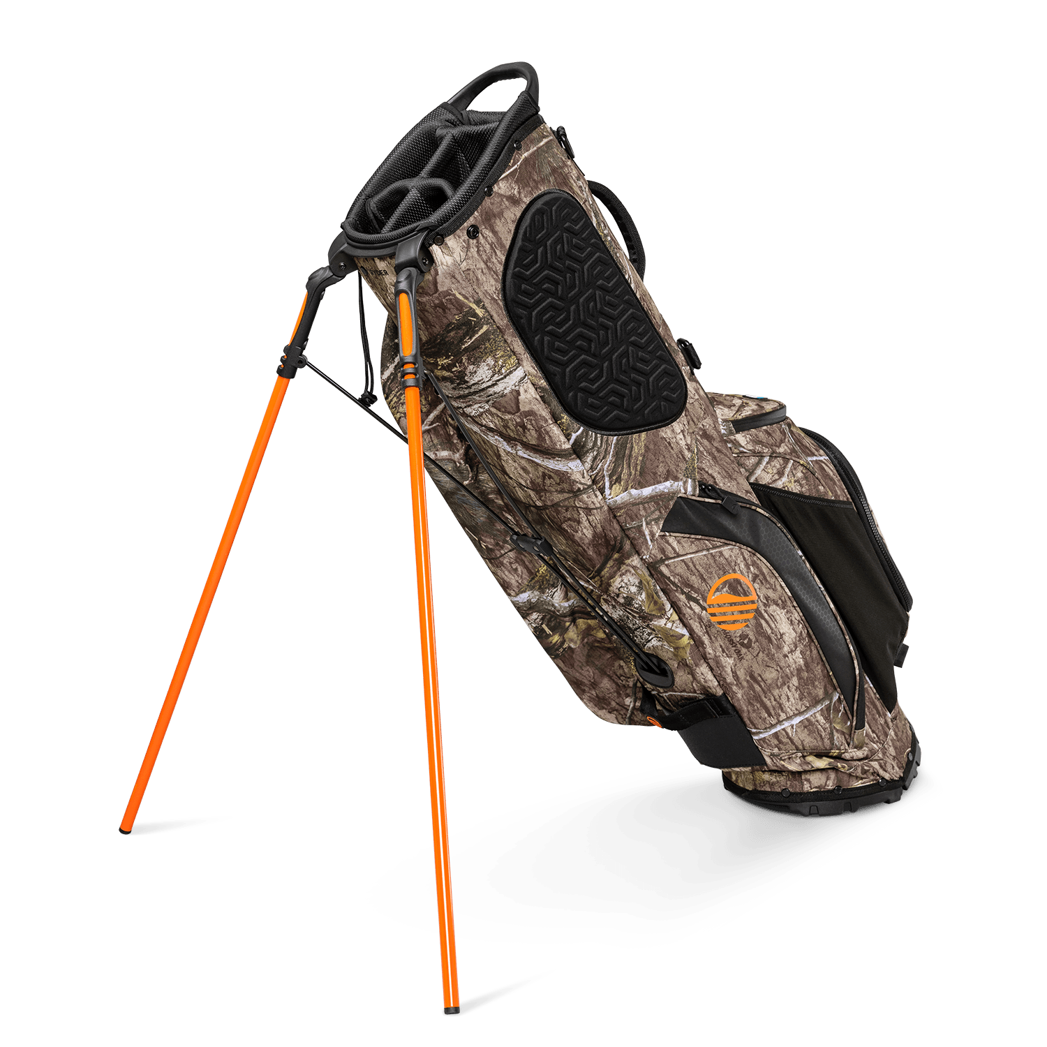 A full shot of standing Ryder golf bag in mossy oak country dna facing backward