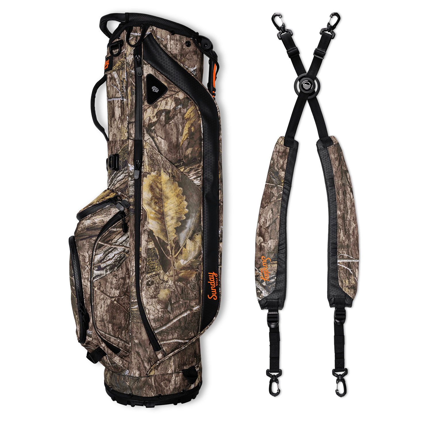 A full shot of Ryder golf bag in mossy oak country dna laying flat sideways beside its double strap