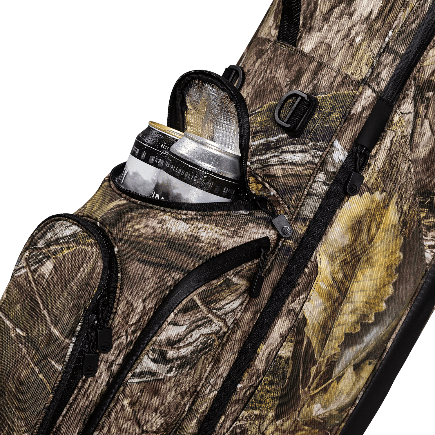 A close up shot of mossy oak country dna Ryder golf bag's frosty pocket with canned drinks inside