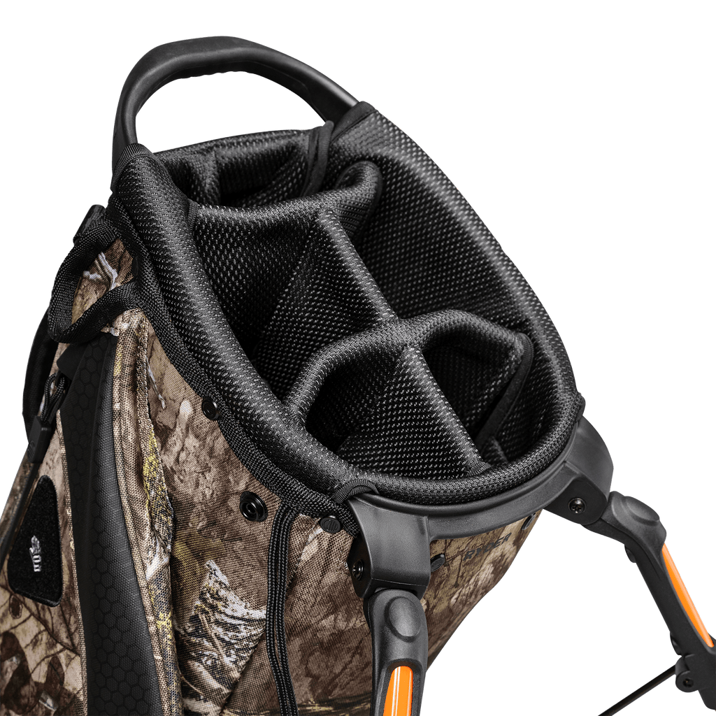 A close up top view of a mossy oak country dna Ryder golf bag’s 5-way divider