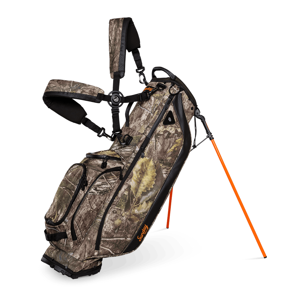 A full front shot of standing Ryder golf bag in mossy oak country dna with double strap