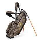 A full front shot of standing Ryder golf bag in mossy oak country dna with double strap