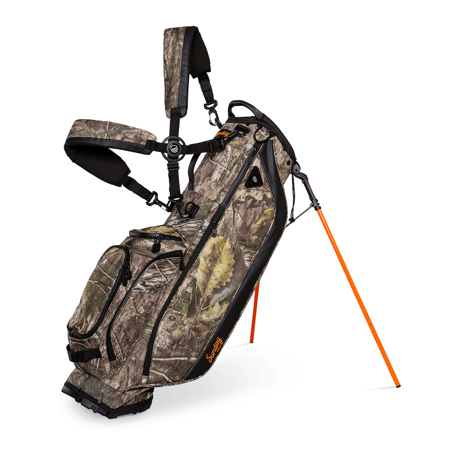 A full front shot of standing Ryder golf bag in mossy oak country dna with double strap