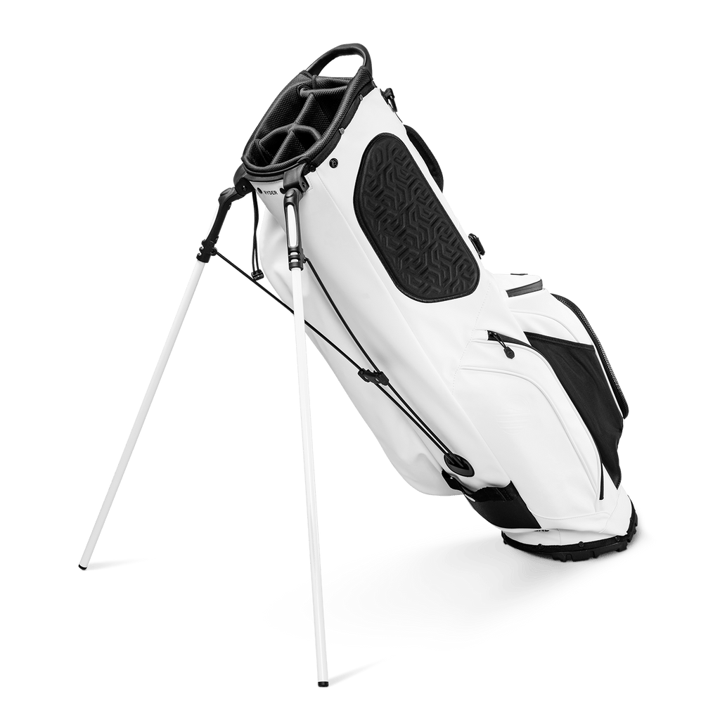 A full shot of standing Ryder S-Class golf bag in olive vegan leather facing backward