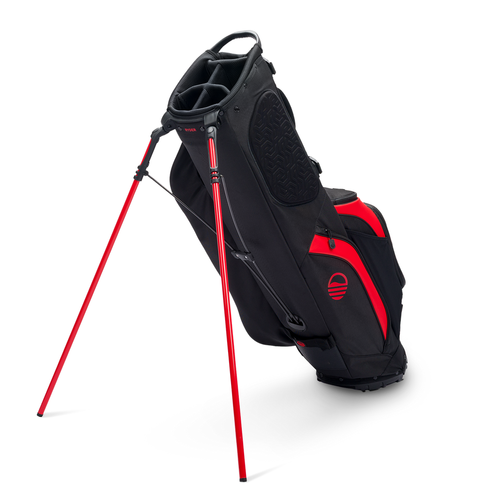 A full shot of standing Ryder golf bag in blackjack facing backward
