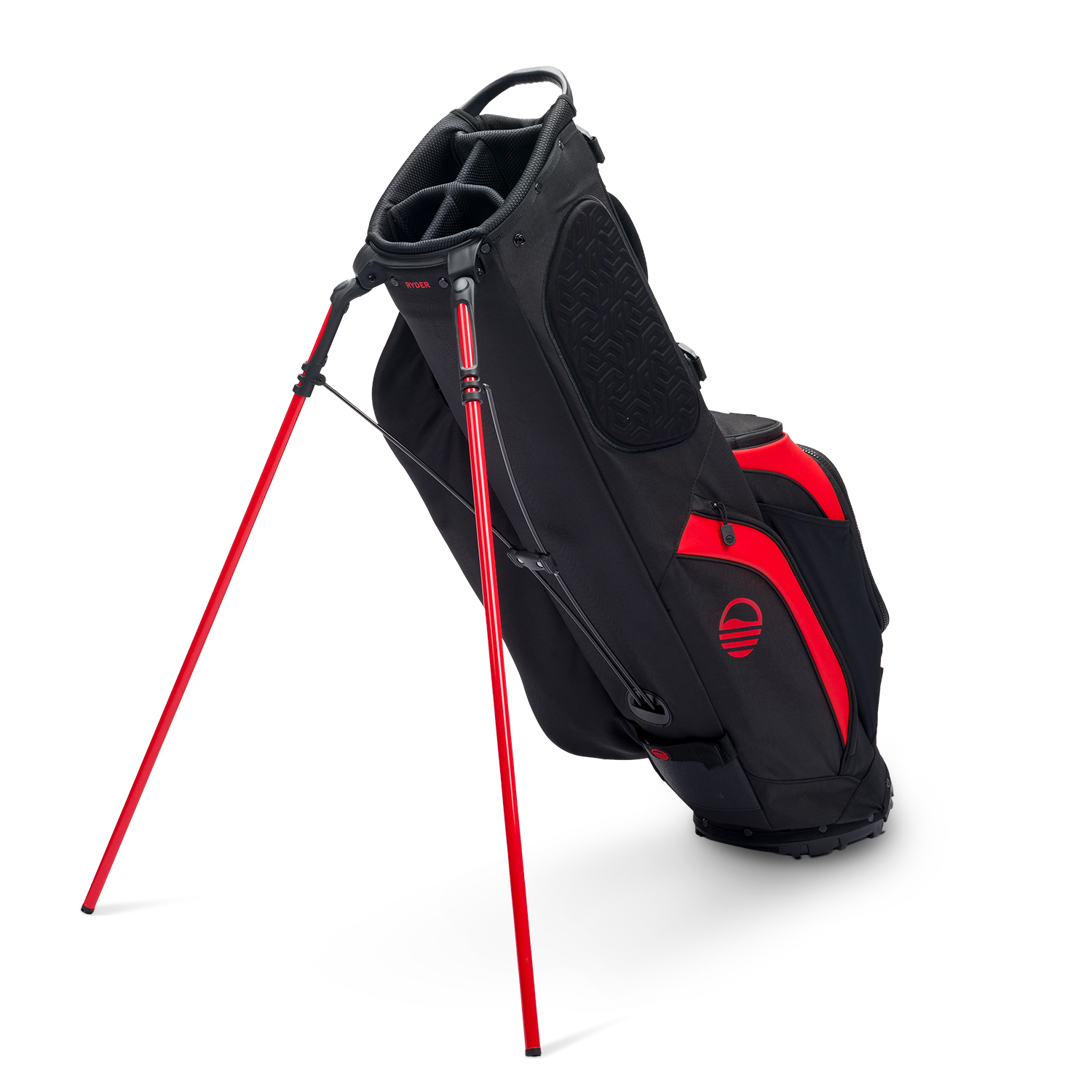 A full shot of standing Ryder golf bag in blackjack facing backward

