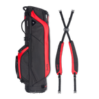 A full shot of Ryder golf bag in blackjack laying flat sideways beside its double strap
