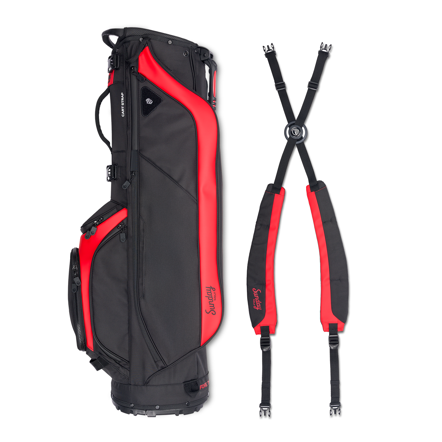 A full shot of Ryder golf bag in blackjack laying flat sideways beside its double strap
