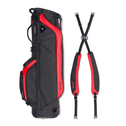 A full shot of Ryder golf bag in blackjack laying flat sideways beside its double strap
