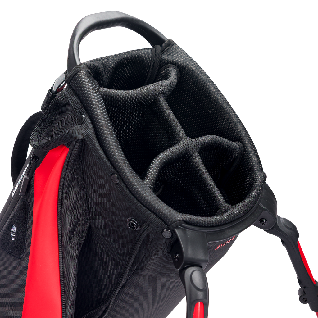 A close up top view of a blackjack ryder golf bag's 4 way divider along 

