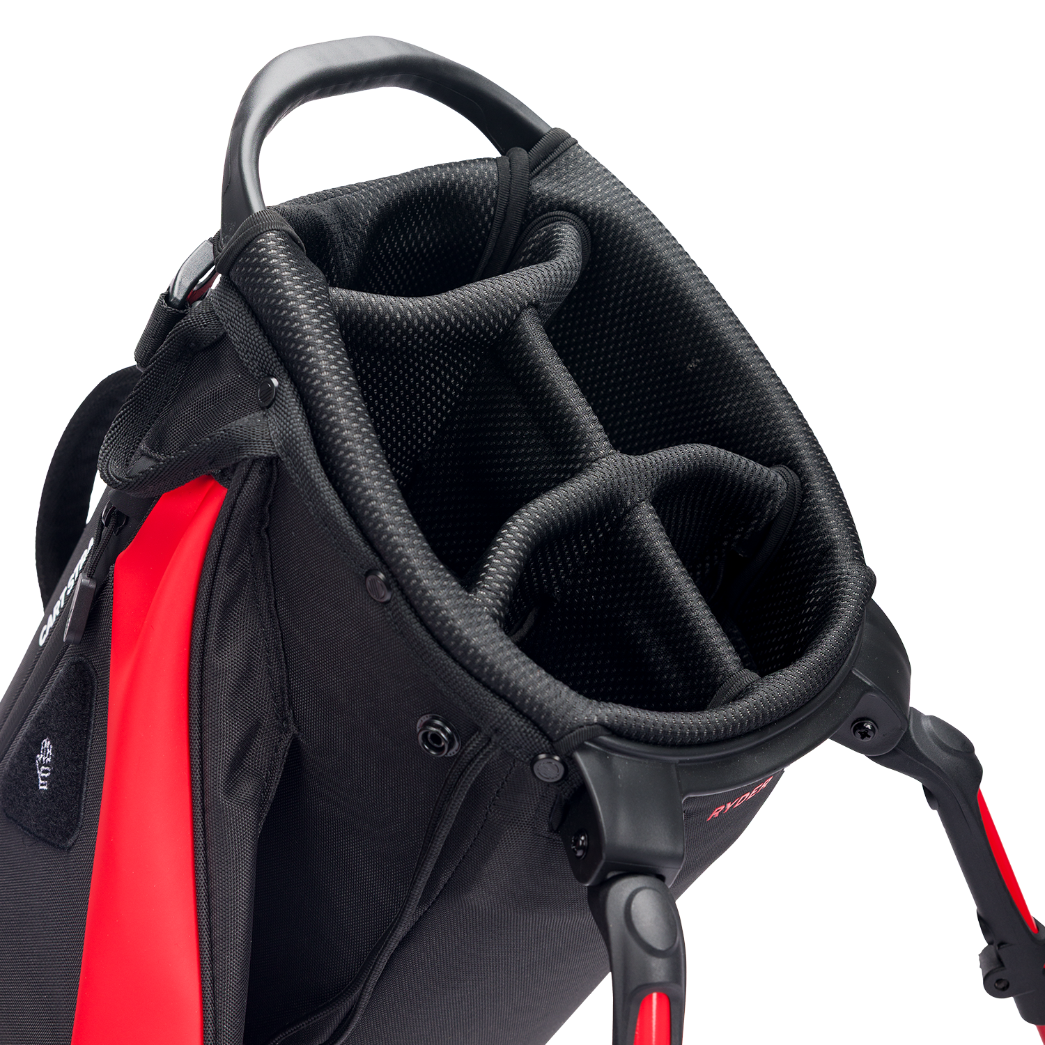 A close up top view of a blackjack ryder golf bag's 4 way divider along 
