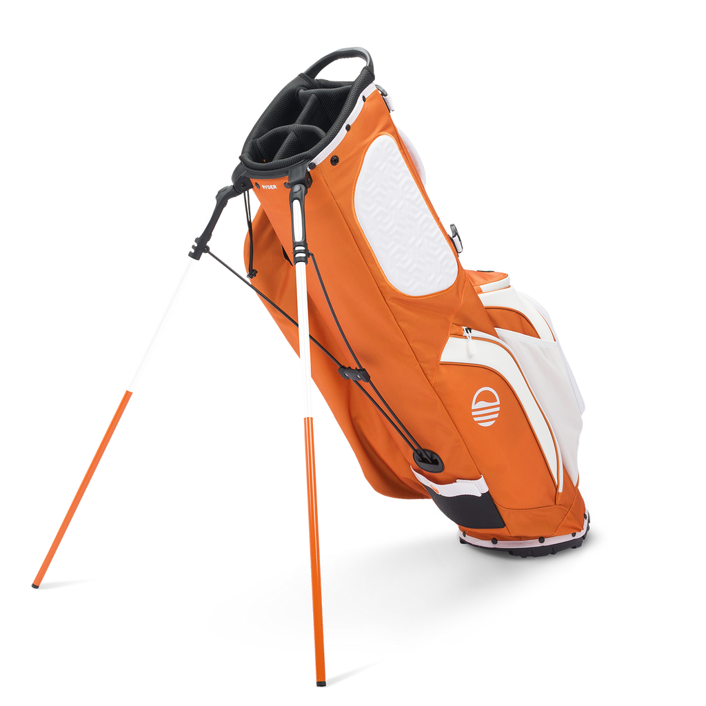 A full shot of Ryder golf bag in burnt orange facing backward
