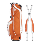 A full shot of Ryder golf bag in burnt orange laying flat sideways
