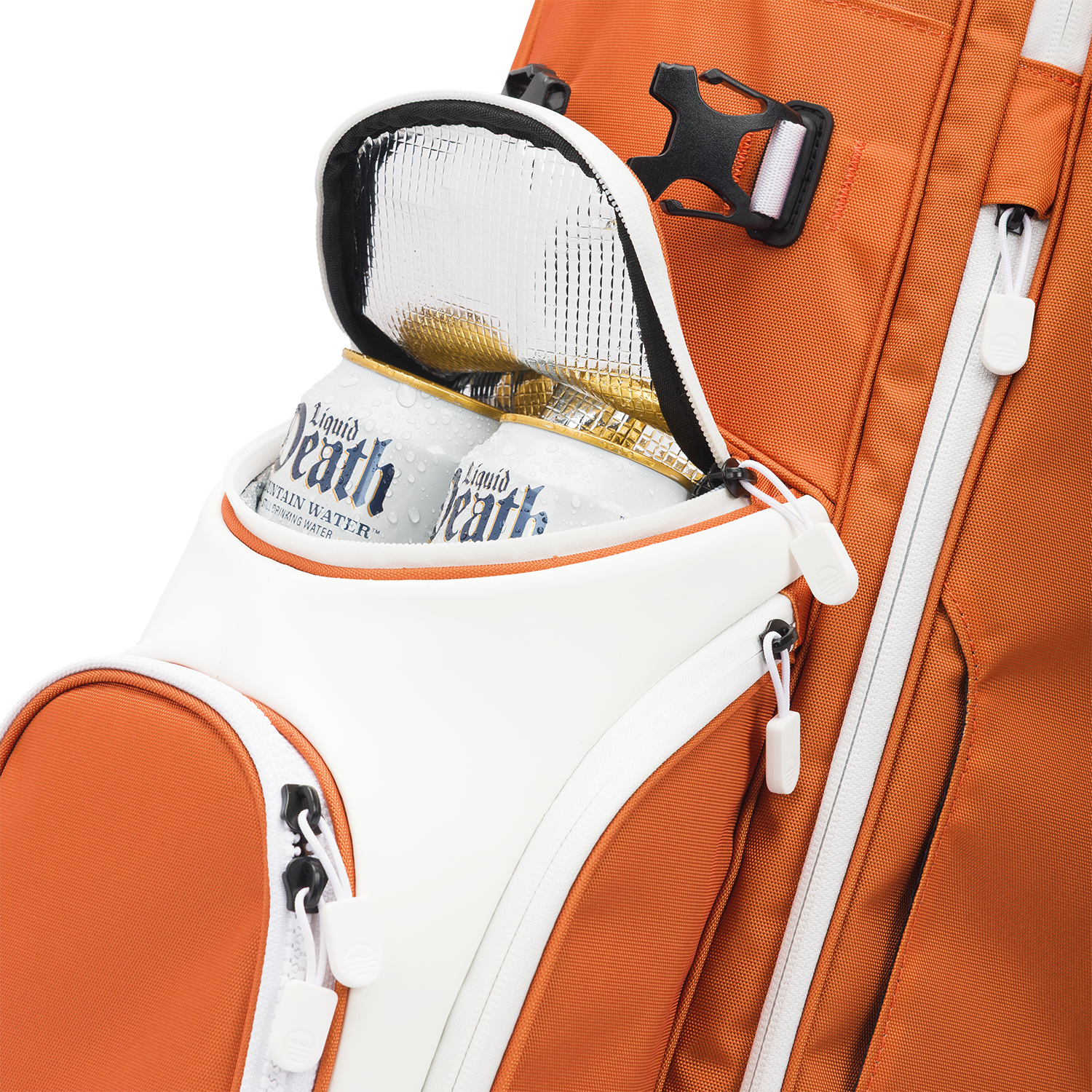 A close up shot of burnt orange Ryder golf bag's frosty pocket with canned drinks inside