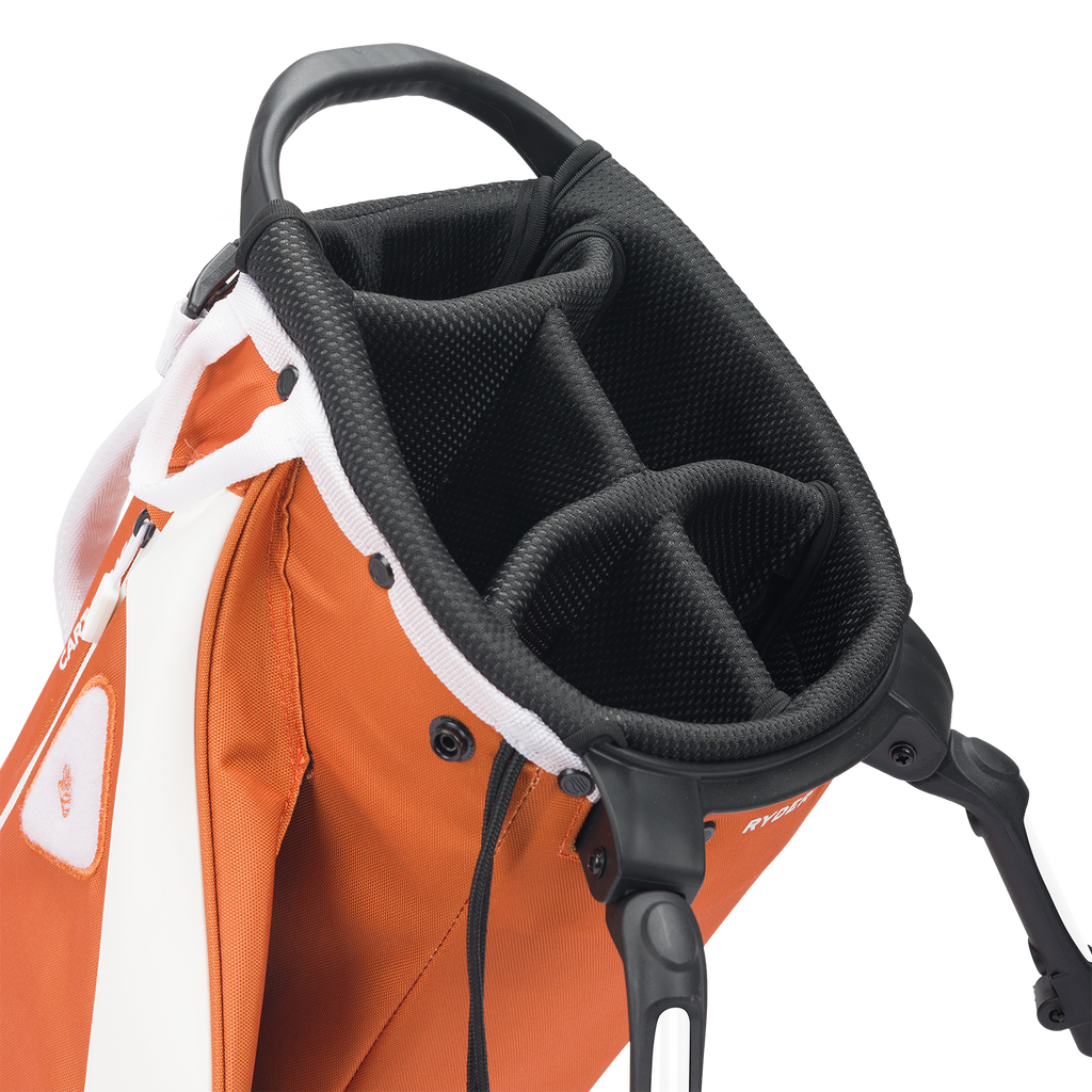 A close up top view of a burnt orange Ryder golf bag’s 5-way divider