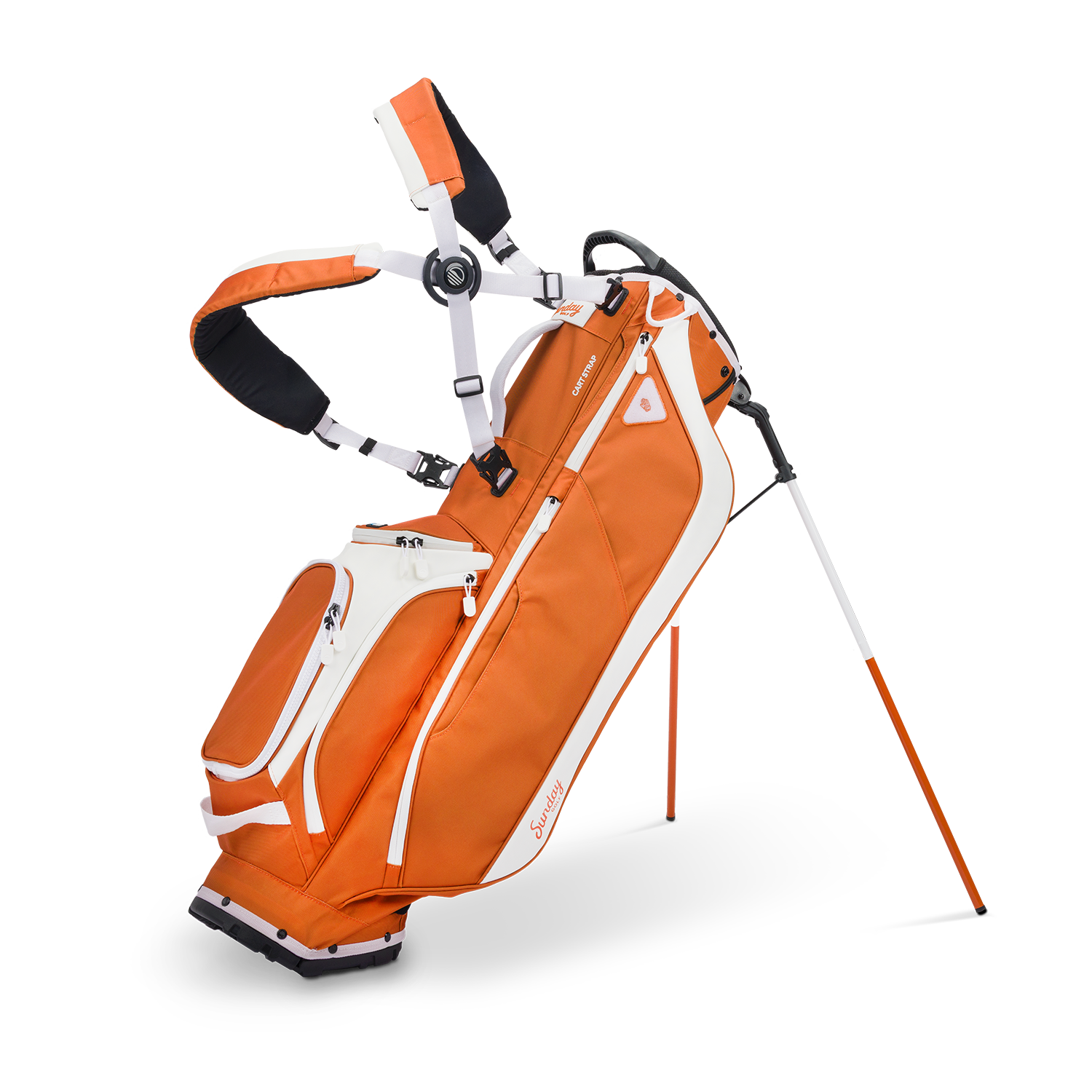 A full front shot of standing Ryder golf bag in burnt orange with double strap