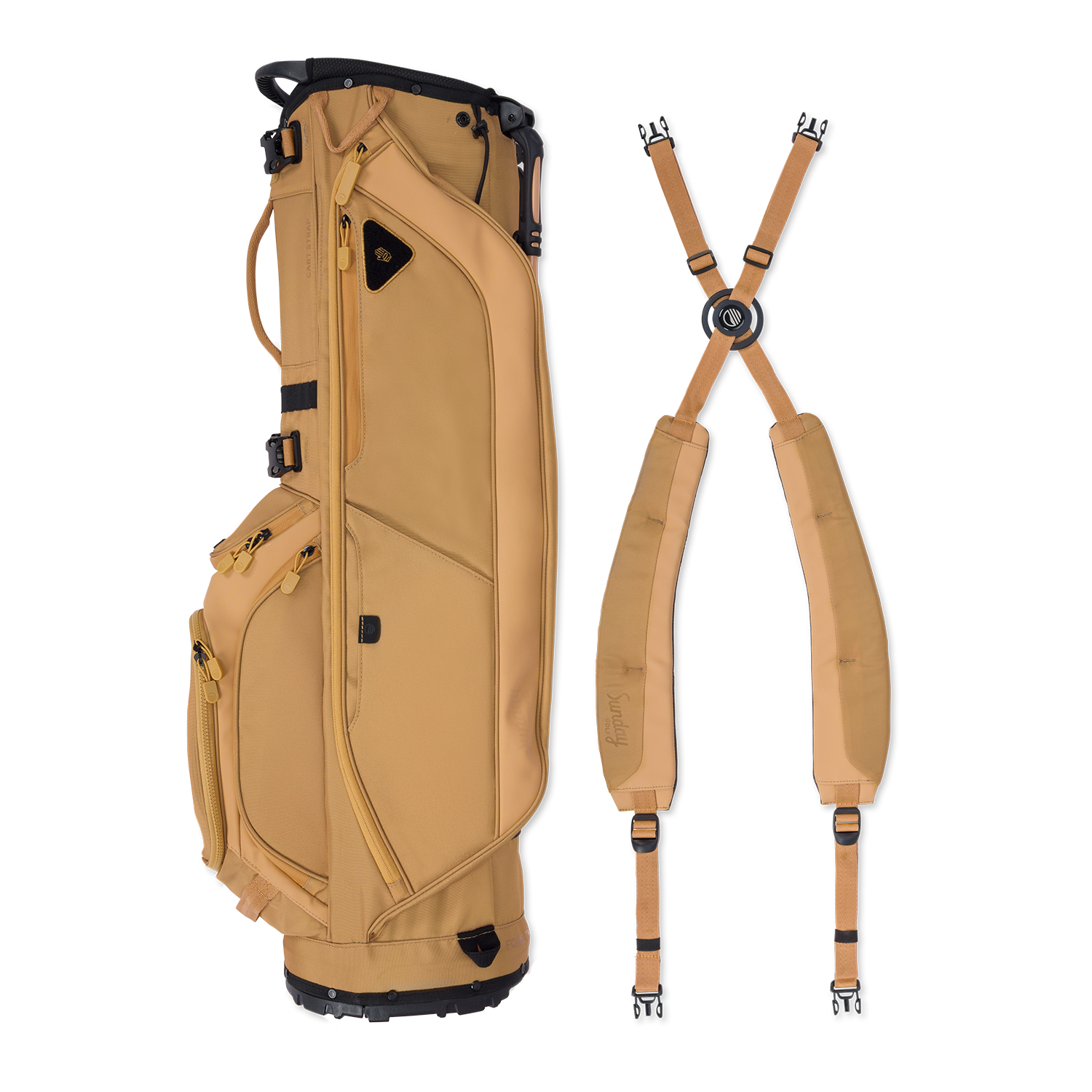 A full shot of Ryder golf bag in clay thompson laying flat sideways beside its double strap
