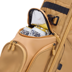 Clay bag with a compartment containing 'Liquid Death' cans on a white background