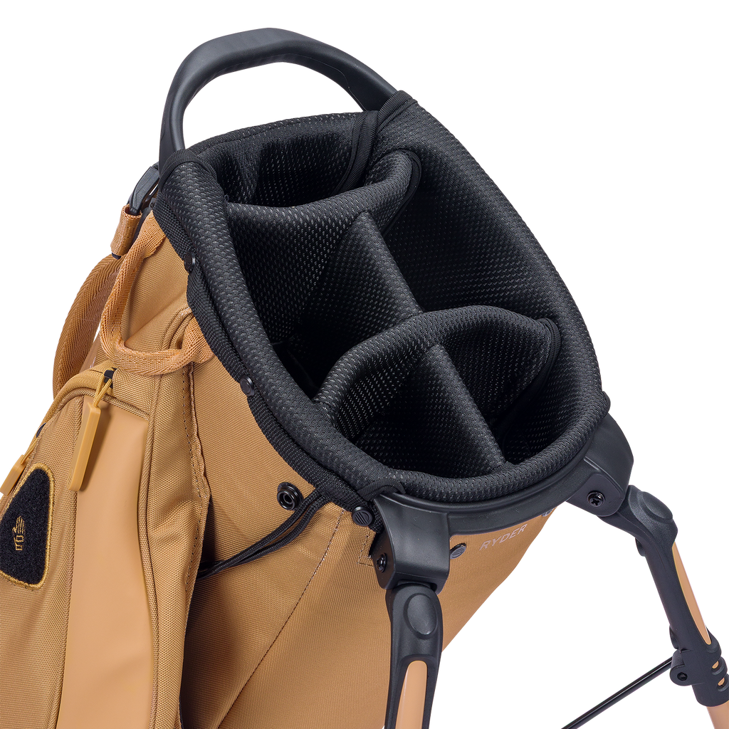 A close up top view of a clay thompson ryder golf bag's 5 way divider  
