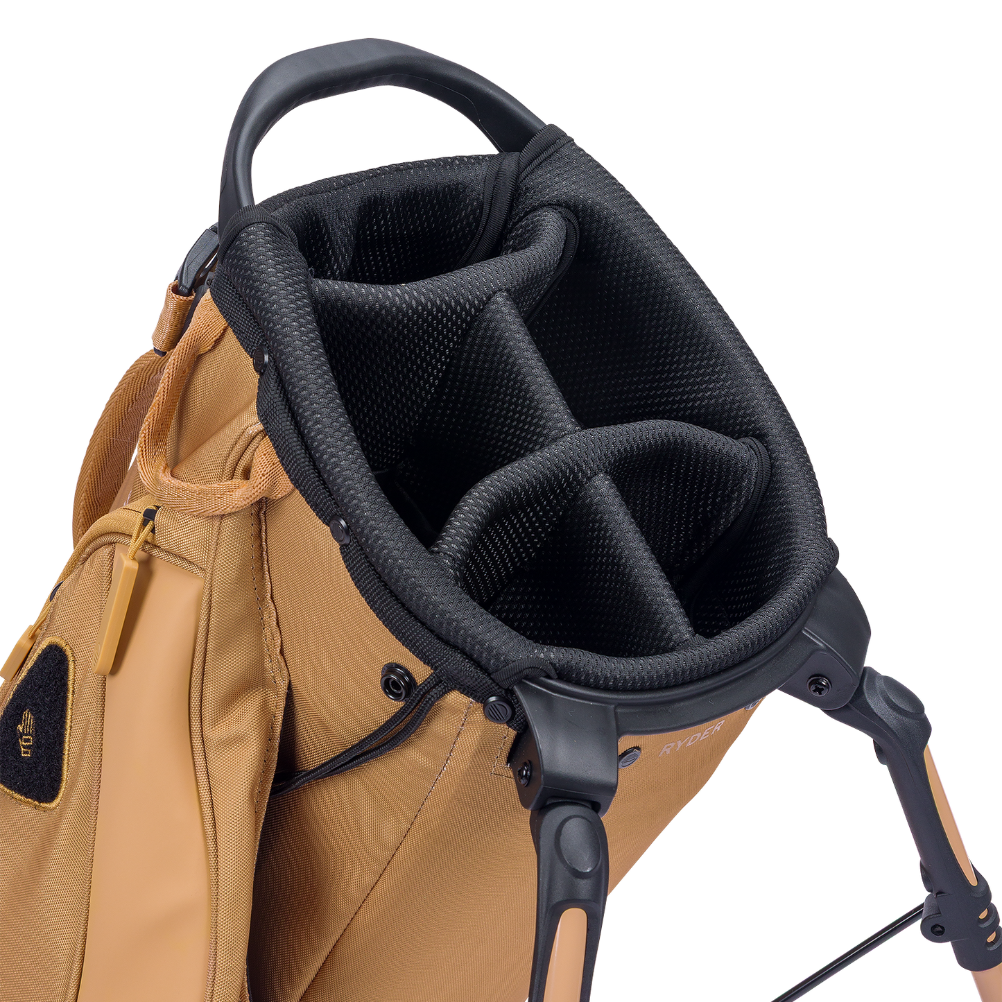 A close up top view of a clay thompson ryder golf bag's 5 way divider  
