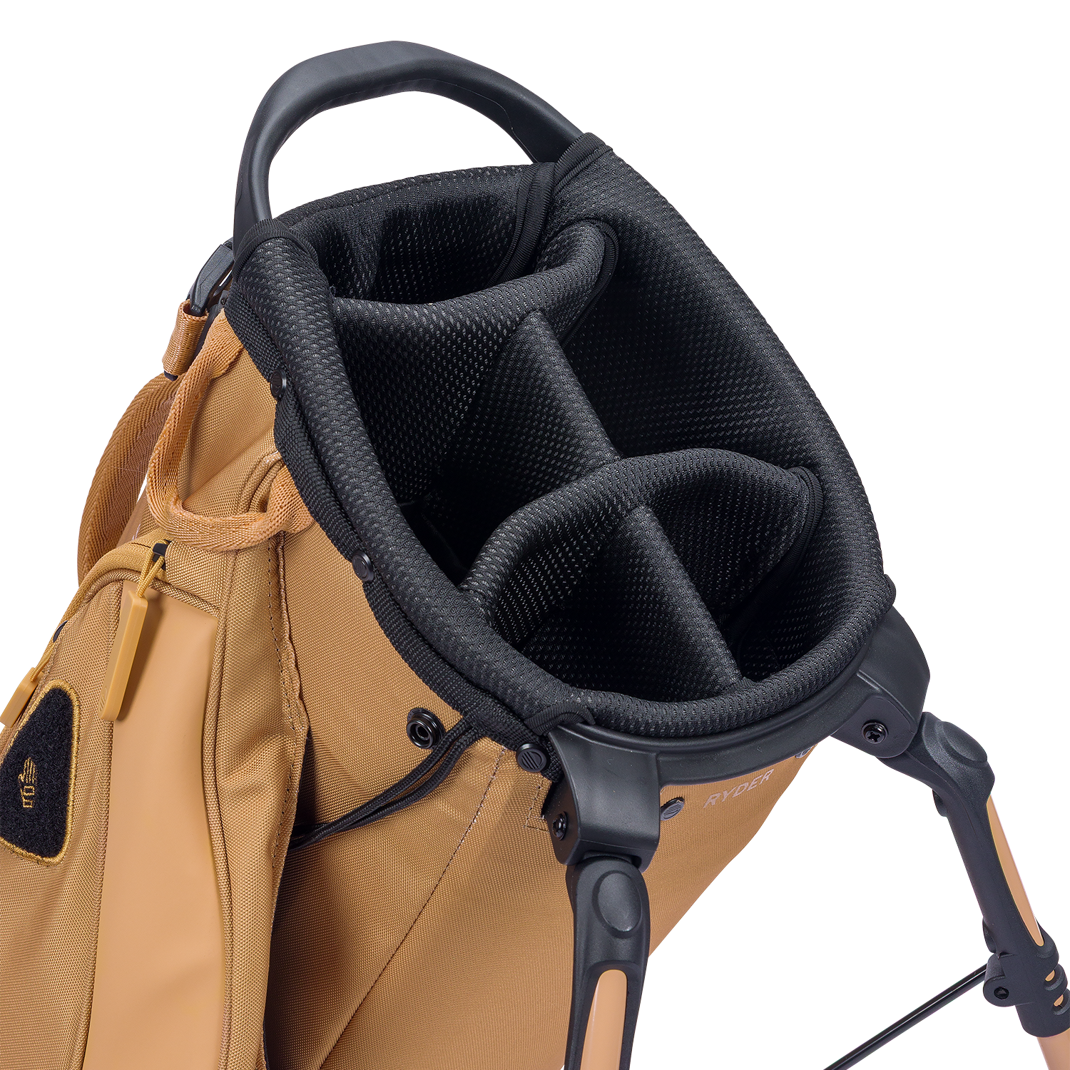 A close up top view of a clay thompson ryder golf bag's 5 way divider  
